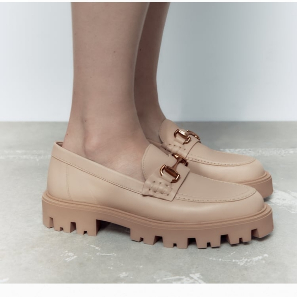 Zara Cream Loafers with Gold Buckle